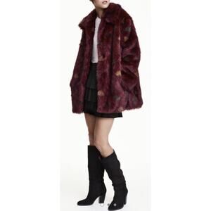 H&M Burgundy Wine Multicolored Accents Faux Fur Jacket Coat Womens US 2